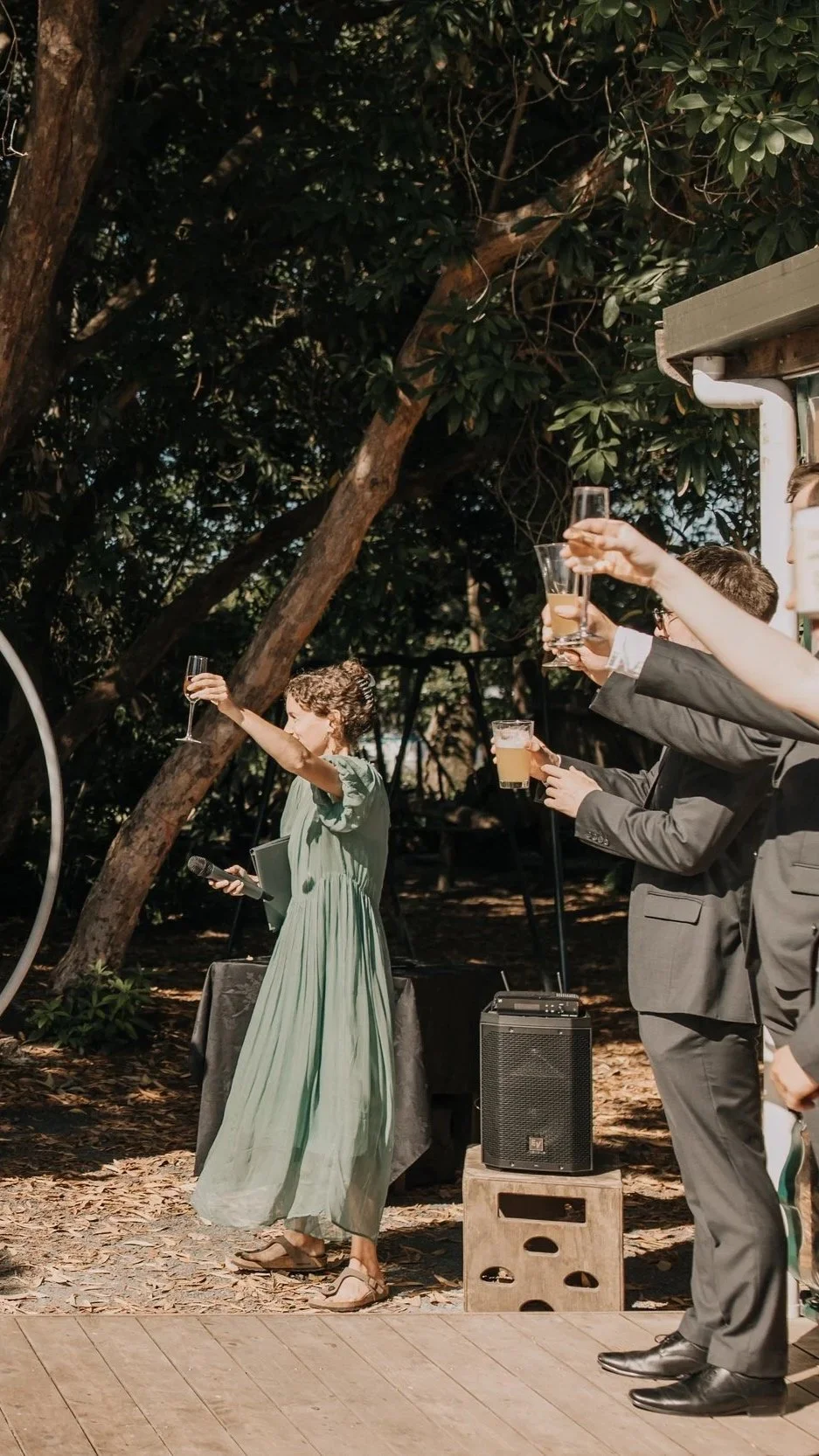 people raising a glass in a toast