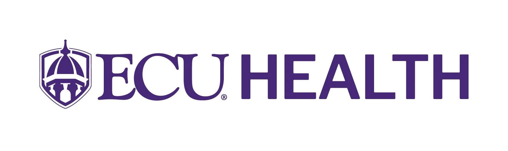 Ecu Health logo in purple text with an emblem of a shield and a building structure on the left.