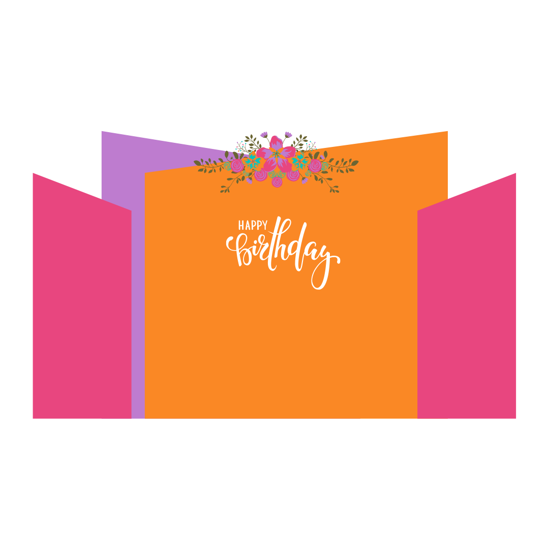 Colorful birthday card with orange, purple, and pink panels, decorated with flowers at the top, and a message that reads 'Happy Birthday' in white text.
