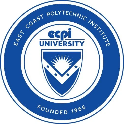 Seal of East Coast Polytechnic Institute (ECPI University), established in 1966, featuring a shield with a sunburst, stars, and the words 'ECPI University'.