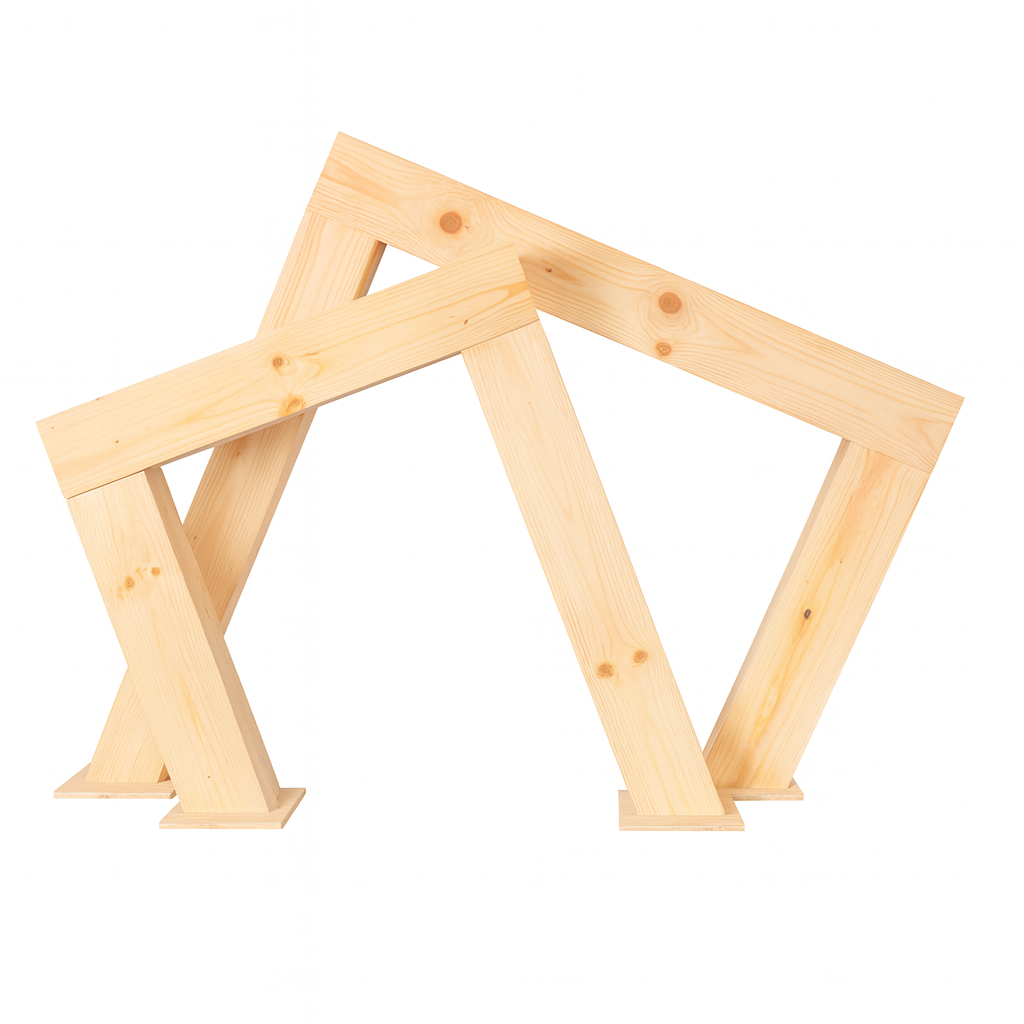 Unfinished wooden table or stool frame with four legs and crossbars on a white background.
