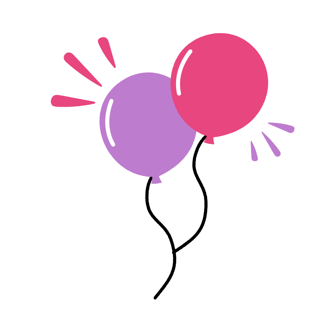 Two balloons, one purple and one pink, with celebratory lines around them.
