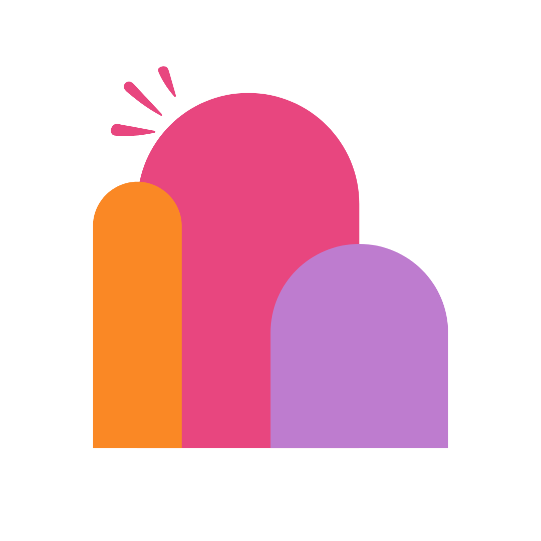 Colorful abstract icon with three overlapping rounded shapes in orange, pink, and purple, with small lines indicating emphasis or highlight.