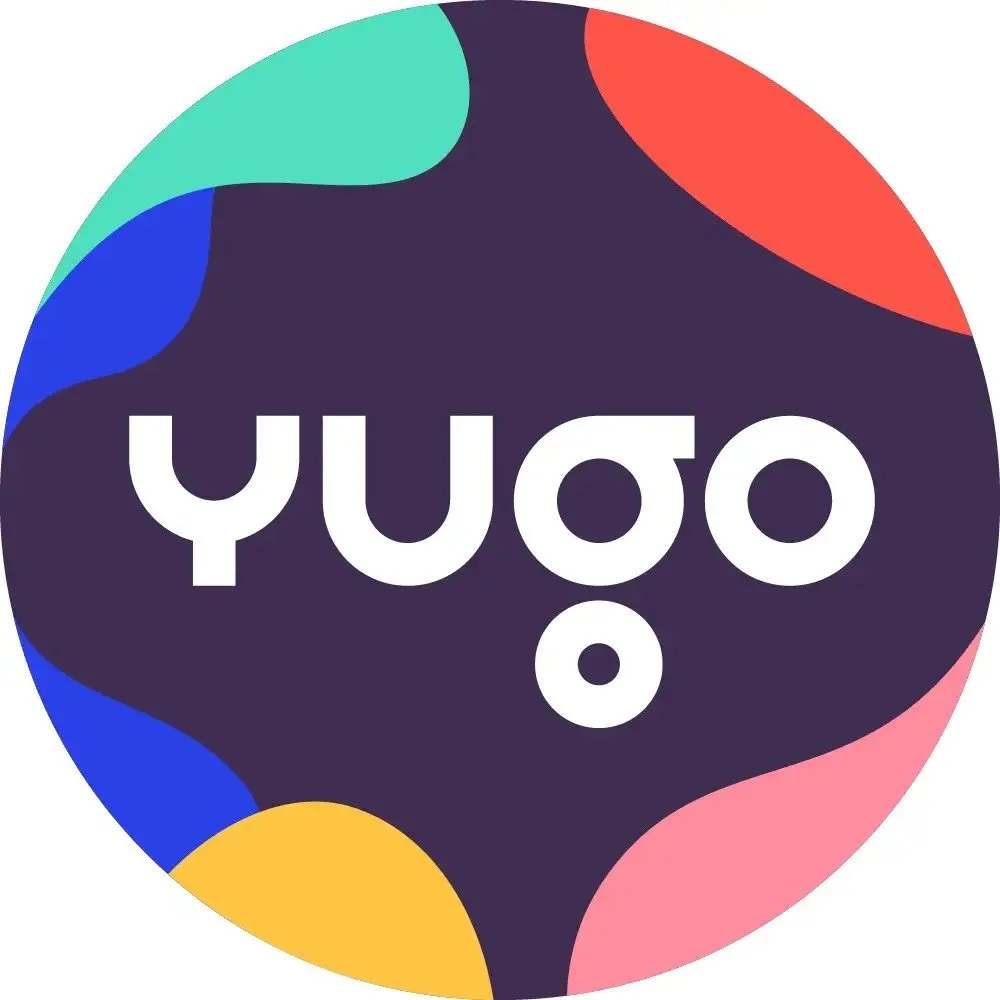 Colorful circular logo with abstract shapes and the text "YUGO" in white, lowercase letters.