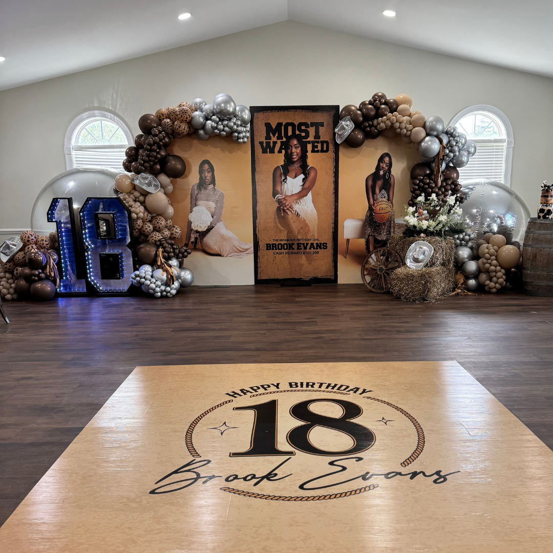 Birthday celebration setup for Brook Evans with a large decorated floor mat reading "Happy Birthday 18 Brook Evans" and a backdrop with photos and a "Most Wanted" theme, including balloons, large number 18, and decorative elements.