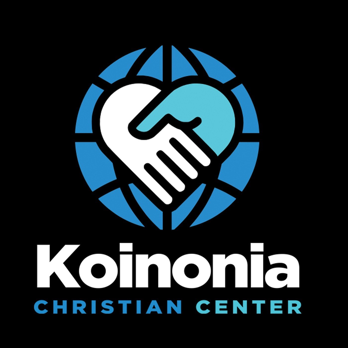 Logo for Koinonia Christian Center featuring two hands shaking inside a globe with blue and white sections and black outlines, and the text "Koinonia" in bold white letters above "Christian Center" in blue letters.