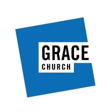 Logo of Grace Church with a blue square background and black and white text
