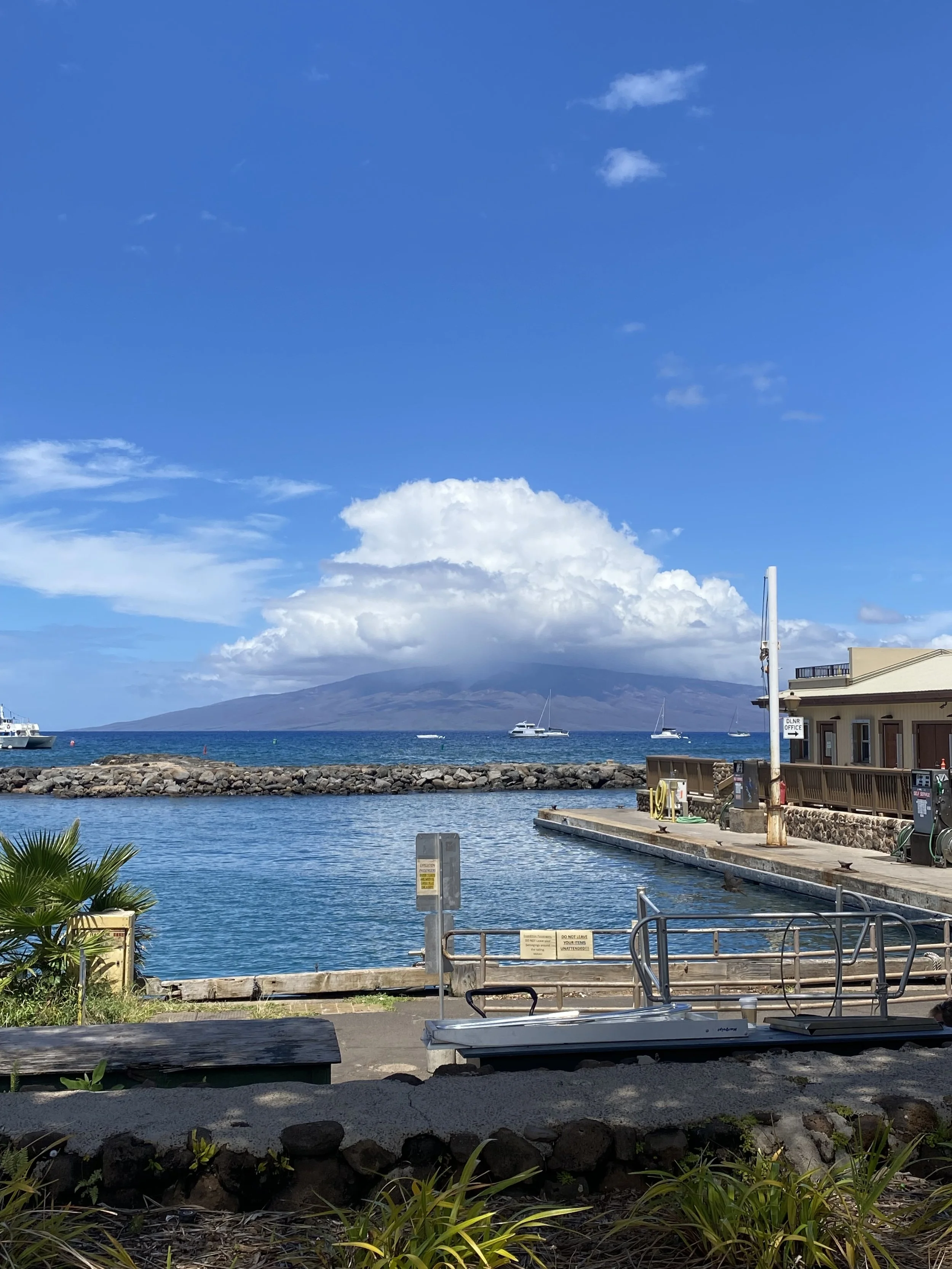 A view of the ocean with boats, a volcanic island in the distance, and a dock with a building on the right under a blue sky with clouds.