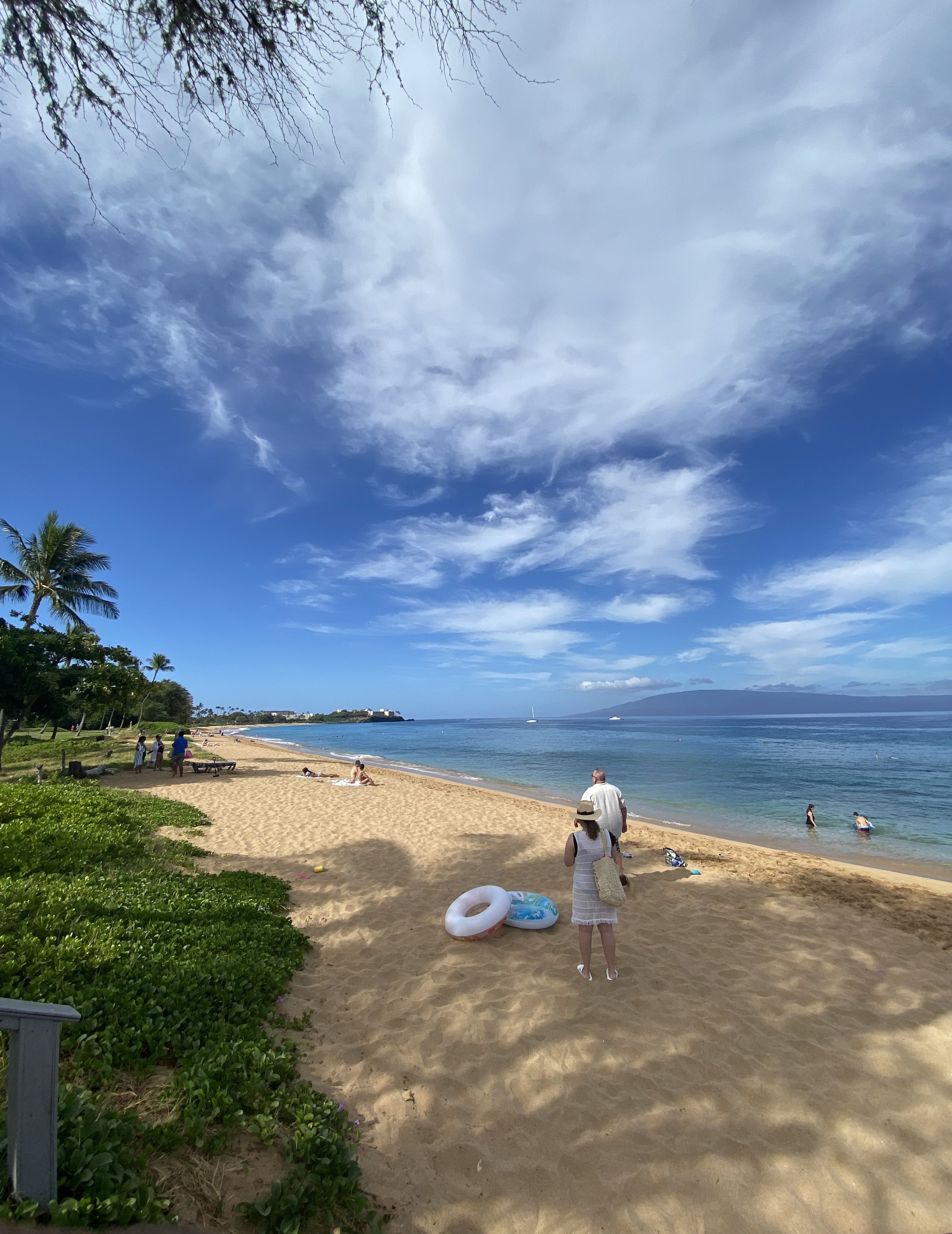 A sunny beach with a few people, palm trees, and the ocean under a partly cloudy sky.