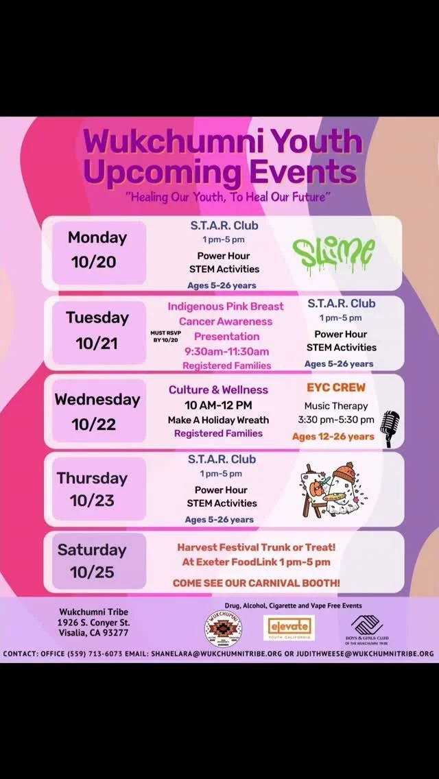 😁 Check out our calendar for next week! Our Indigenous Pink Breast Cancer Awareness Presentation will be on October 21st. EYC Programming will be on the 22nd along with Culture and Wellness. Monday Tuesday and Thursday will be our S.T.A.R Club drop