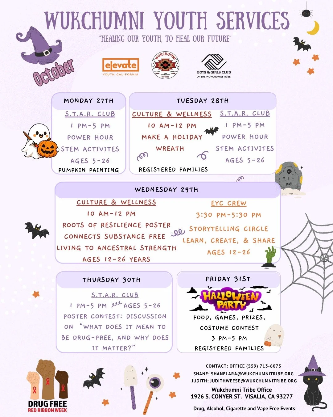 Check out our calendar for the week! 🎃 If you'd like more information or to register for the program, please contact our office at (559) 713-6073.