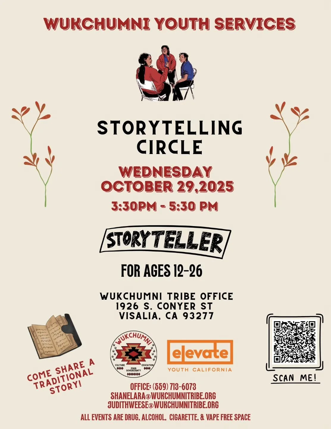 ✨ Stories carry our roots. Join us for the Wukchumni Youth Storytelling Circle — a space to share, listen, and connect through traditional stories
📅 October 29, 2025 | 3:30–5:30 PM
📍 Wukchumni Tribe Office, Visalia, CA
Ages 12–26