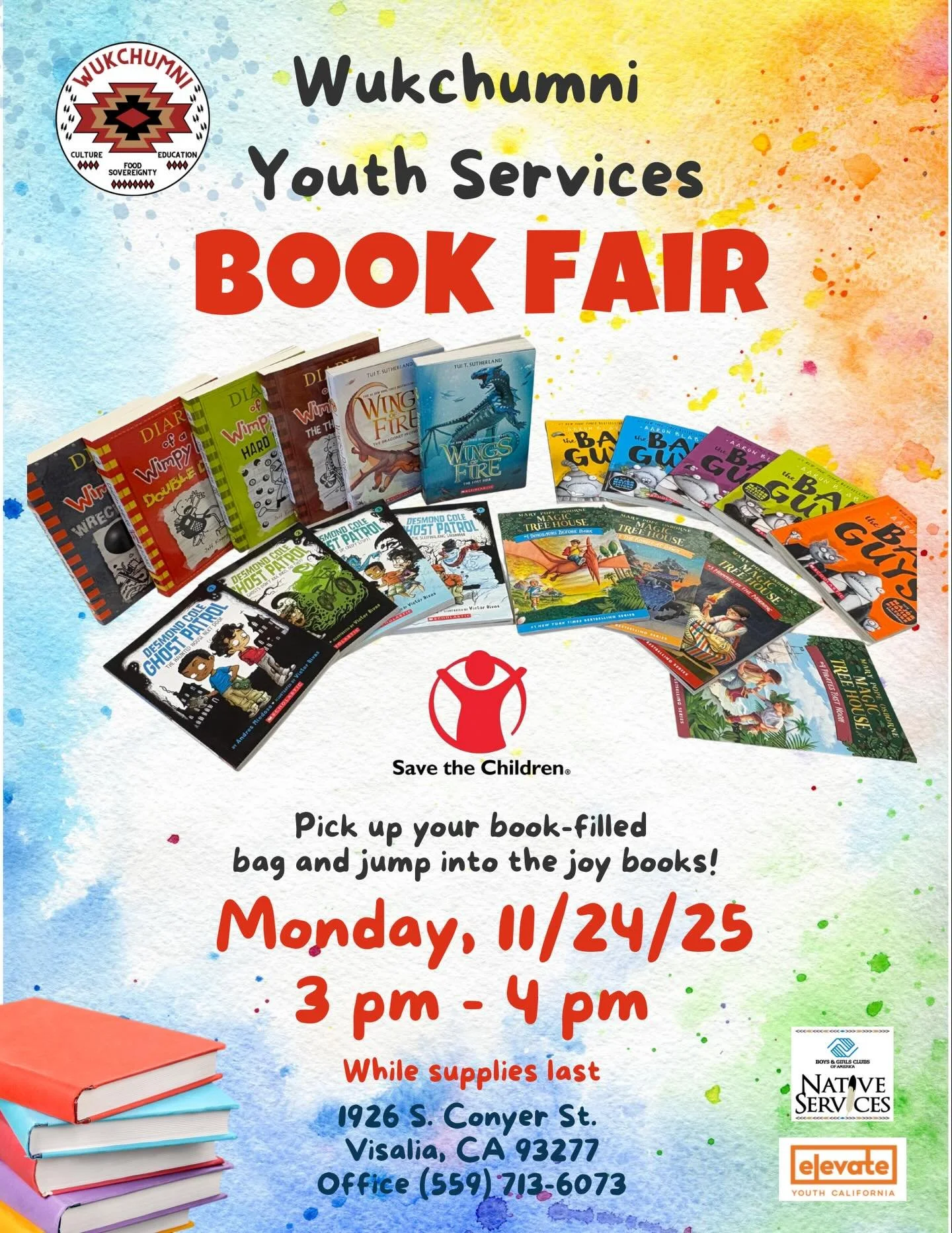 📚✨ Our Book Fair drop is here!
Come pick up a free bag of books on Monday, 11/24/25 from 3&ndash;4 PM at the Wukchumni Tribe Office to enjoy during your fall break. Available while supplies last, see you there! Open to the community! 👋🍂📖 #Wukchum