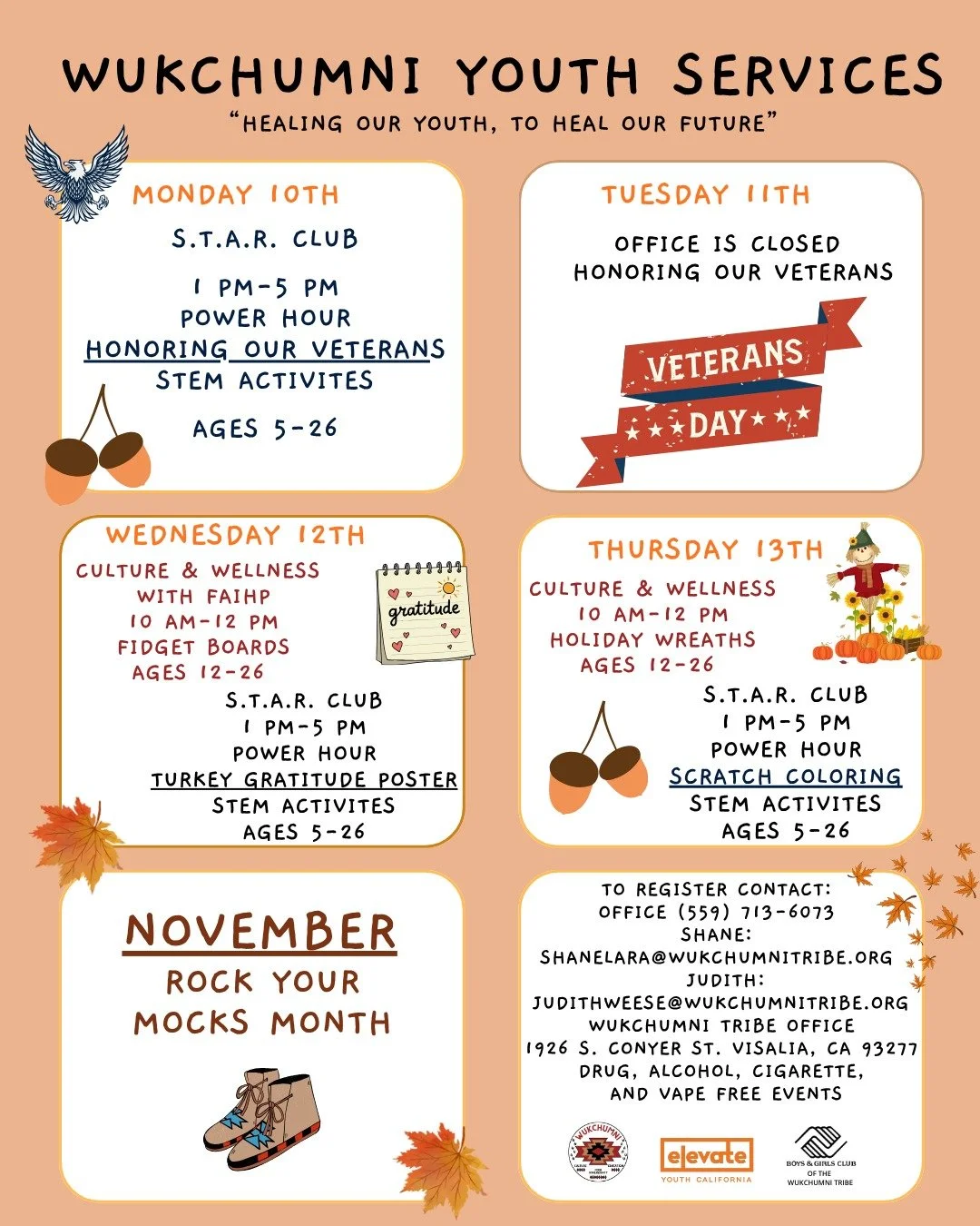 Check out the activities we have coming up through our weekly calendar!

If you'd like more information or to register for the program, please contact our office at (559) 713-6073

#wukchumniyouth #wukchumni #wukchumnitribe #peerconnections #youthpro