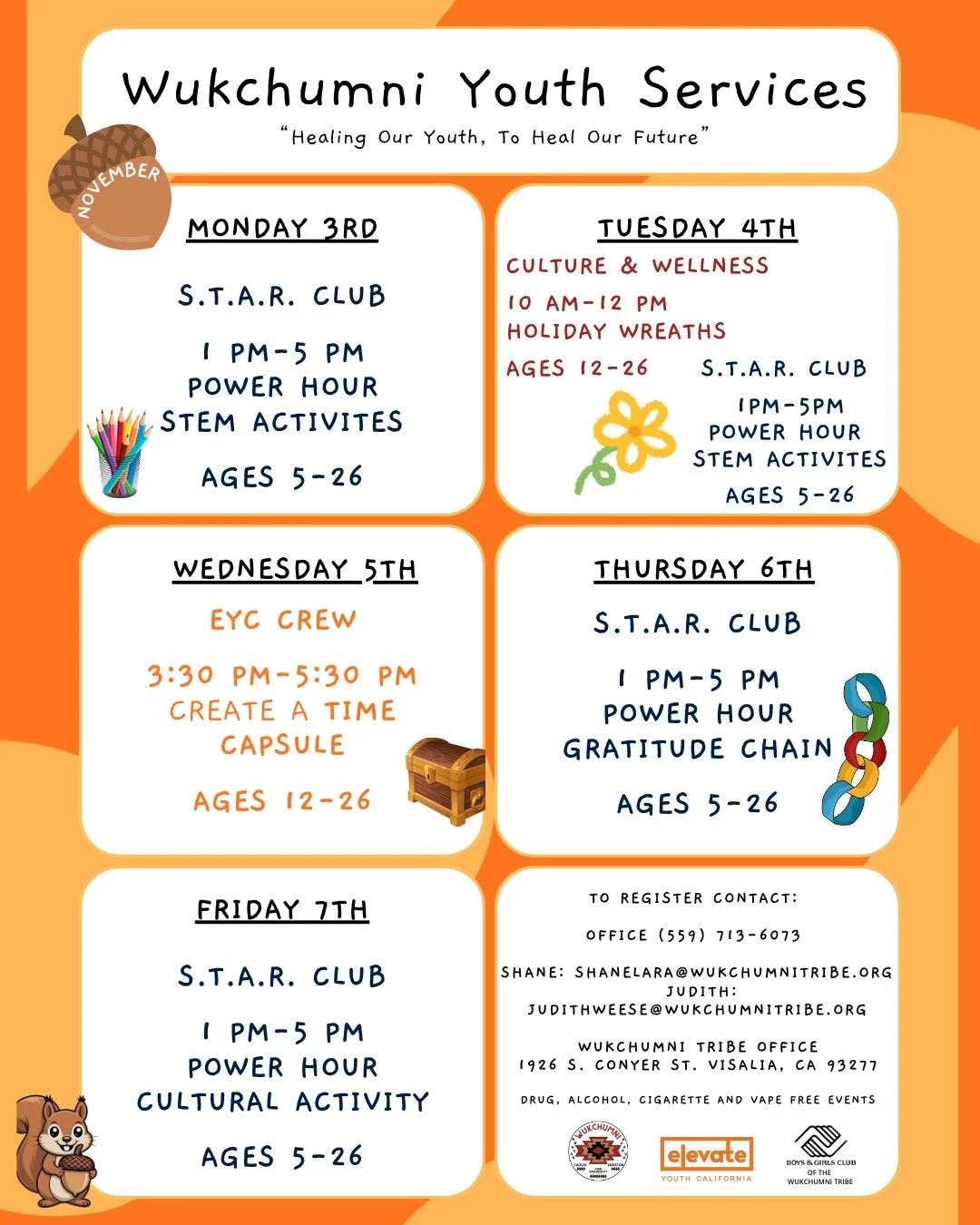 Check out our calendar for the first week of November! 

If you'd like more information or to register for the program, please contact our office at (559) 713-6073.

#wukchumniyouth #wukchumni #wukchumnitribe #peerconnections #youthprogramming #leade