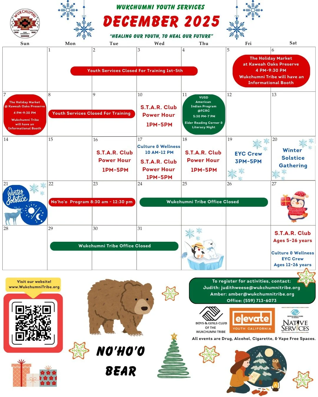 It's December, and we're ready for ALL the fun! Check out our calendar to see what's happening this month! 
#WukchumniYouth #PeerConnections #NativeYouth #WukchumniTribe
