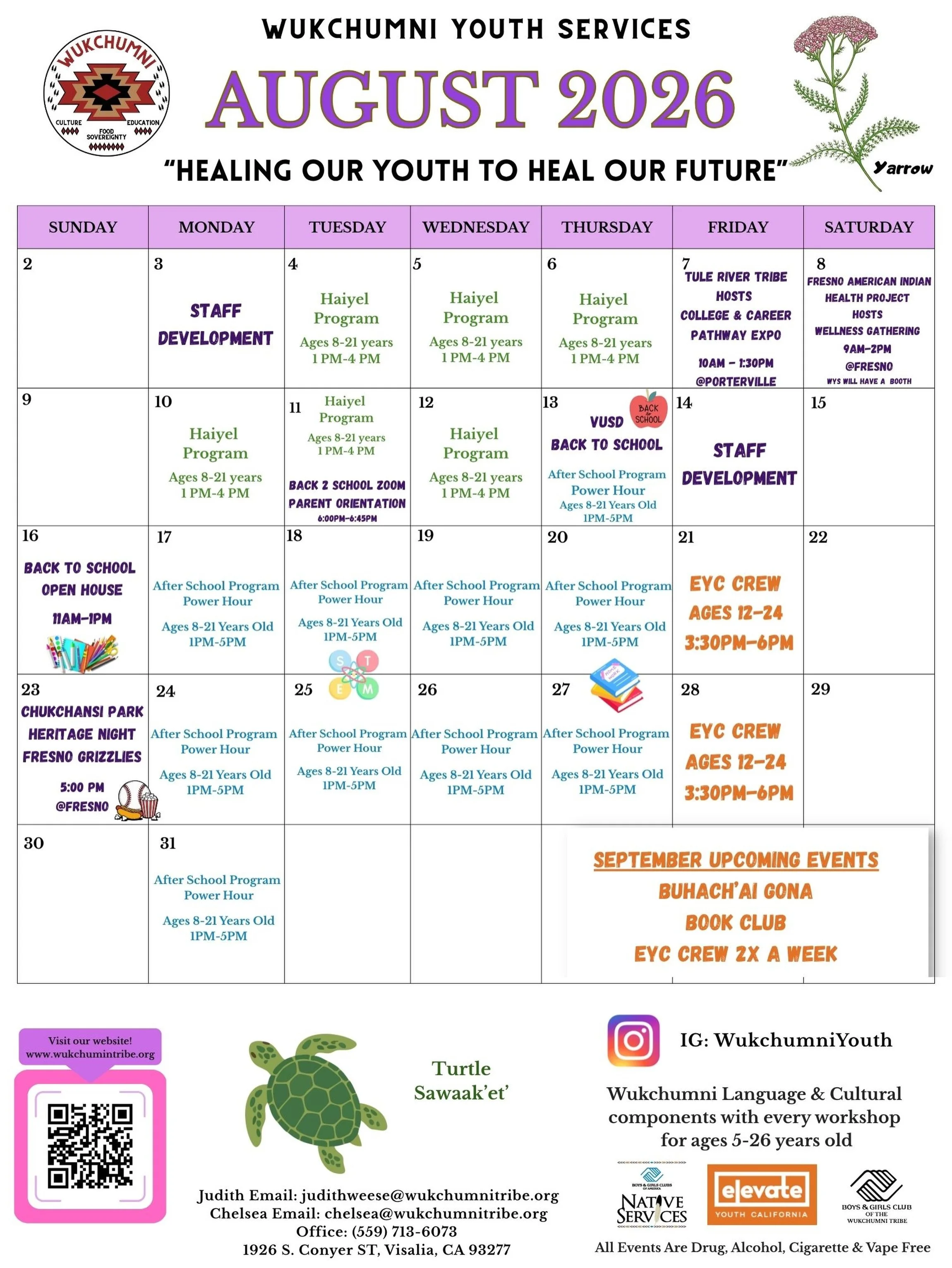 August calendar for programming this month! 🥳

We&rsquo;re excited to start the implementation of our after school program. Please reach out if you have any questions or concerns! 

#wukchumnitribe #wukchumniyouthservices #bgcofthewukchumnitribe