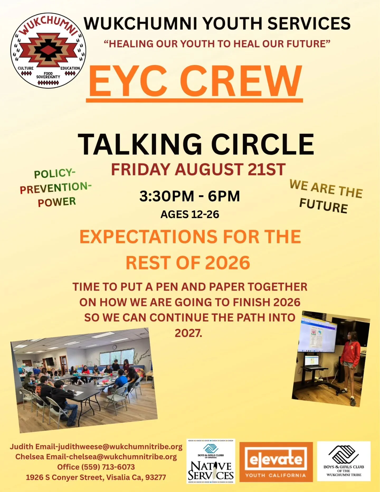 EYC Crew is meeting tonight Friday August 21 at the Wukchumni Tribe Office.&nbsp;

At 3:30PM to 6PM 
Ages 12-26

Come join us in planning out the rest of the year and continuing our journey with Policy-Prevention-Power.

#eyc
#wukchumniyouthservices 