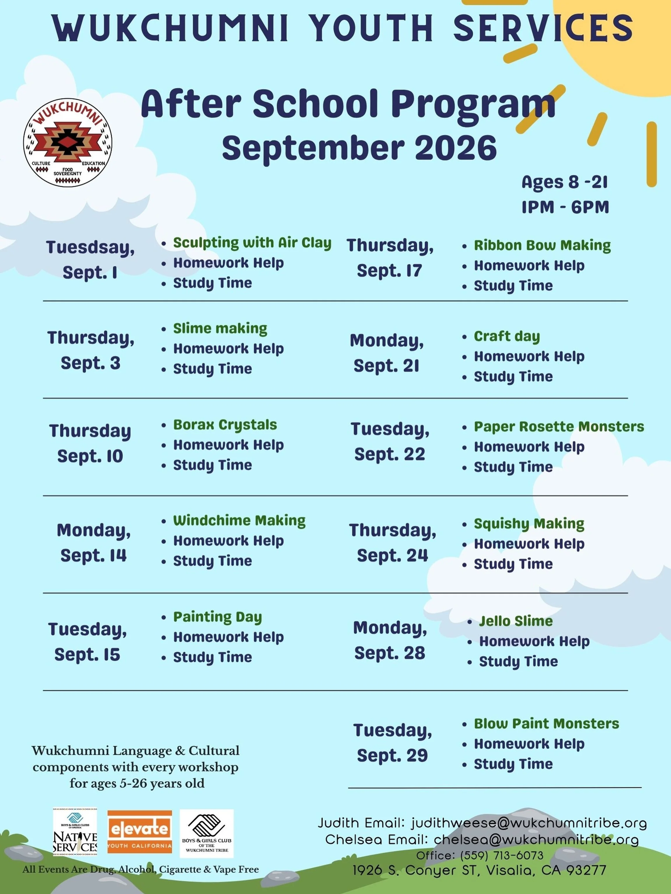 With our youth back in school, we are providing After School Programming!! 

Everyday we will provide Homework Help, Study Time, and snacks. Go ahead and look at dates for the special activity happening that day <3

#wukchumniyouth #wukchumniyouth