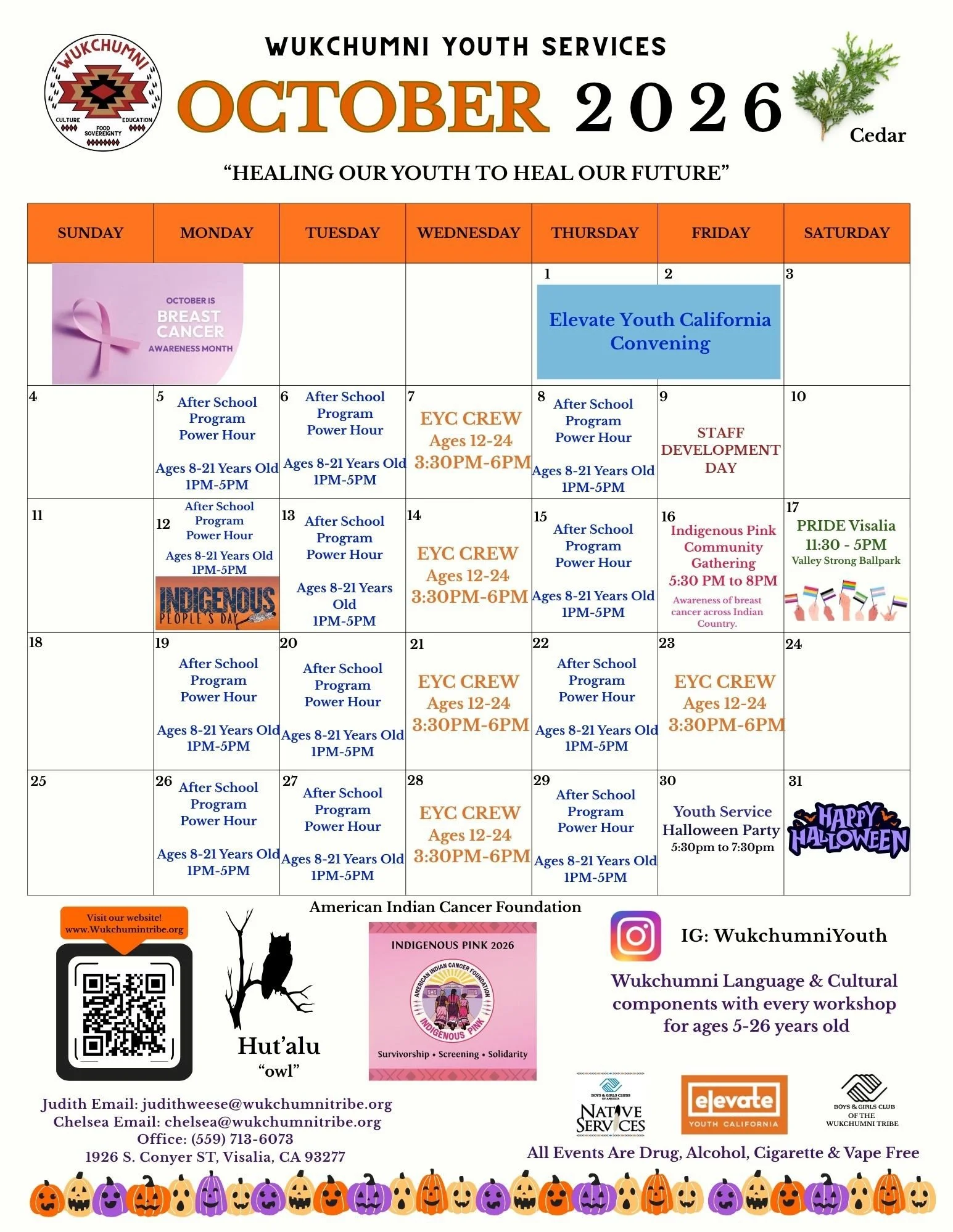 October is here!! Check out programming for this month 🦉 

Feel free to reach out if you have any questions! 

#wukchumni #wukchumniyouthservices #bgcofthewukchumnitribe