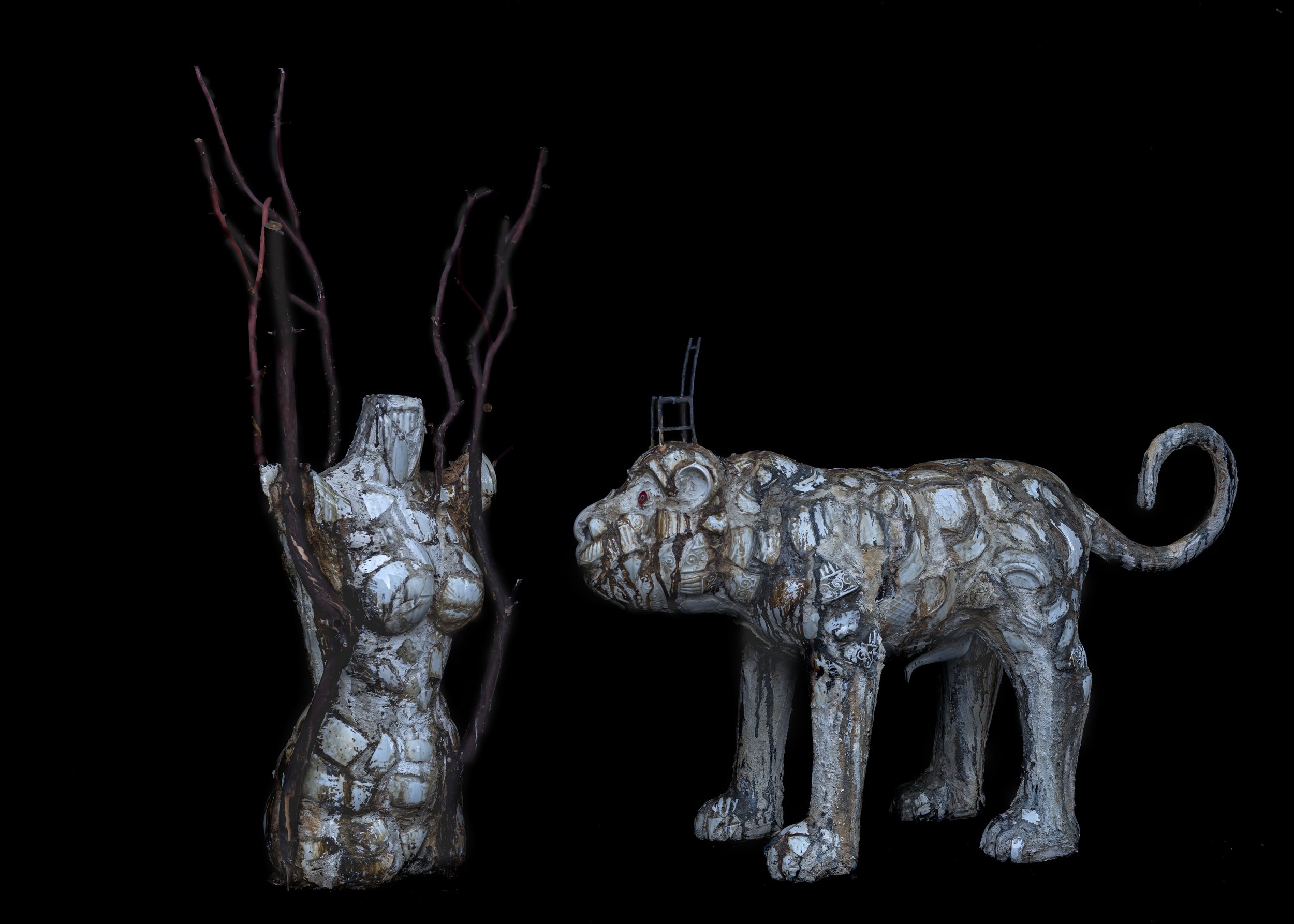 Left: Daphne, 2021,
Porcelain, concrete, and mixed media,
55 x 22 x 16"
Right: Beast II, 2022,
Porcelain, concrete, and mixed media.
35 x 53 x 14"
