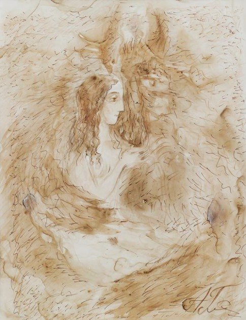 Beauty and the Beast, 2003
Water color, ink, pastel on paper
20 X 16