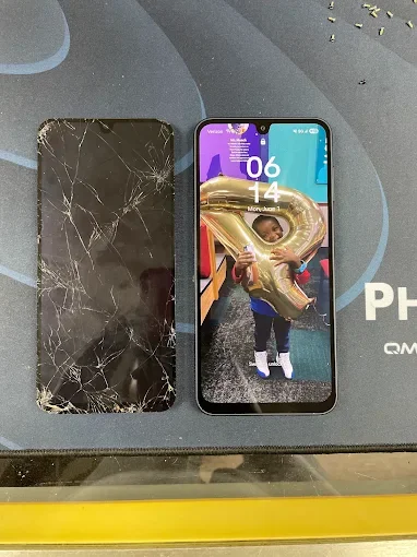 Before and after photo of a Samsung A17. Broken screen versus new screen