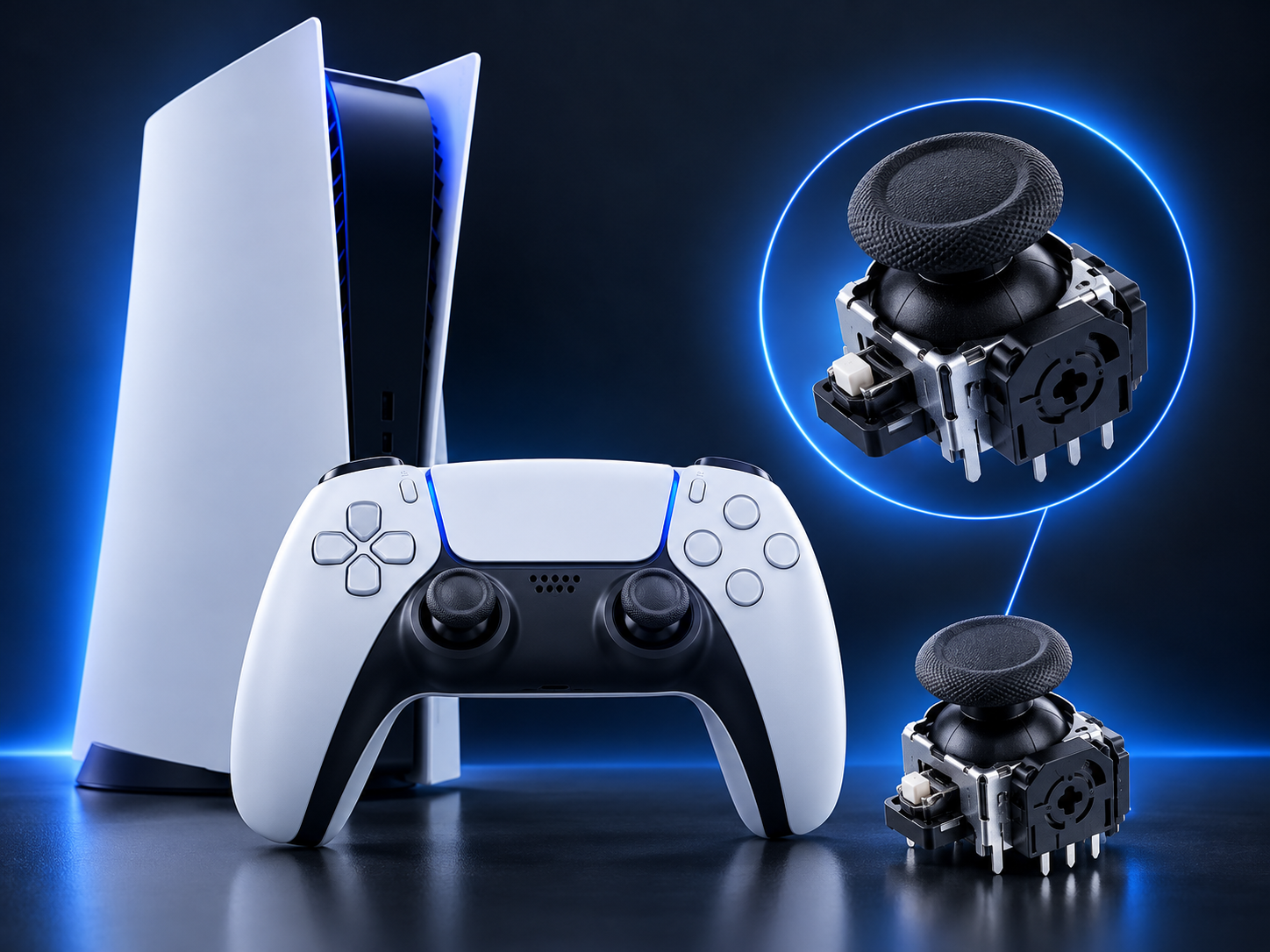 A PlayStation 5 console with a white and black controller, and two left analog controller modules with joysticks, displayed in a digital graphic with blue highlights.