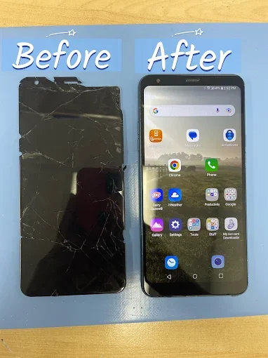 Comparison of a damaged cracked smartphone screen labeled 'Before' next to a new, intact smartphone screen labeled 'After'.
