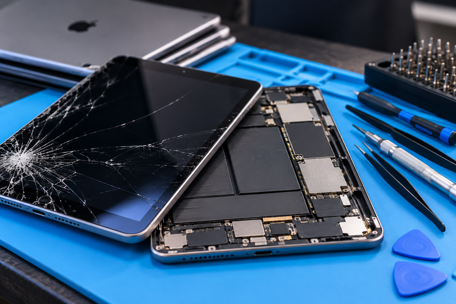 A IPad/Tablet with a shattered screen placed on an open disassembled electronic device, surrounded by tools and pry picks on a blue work mat.