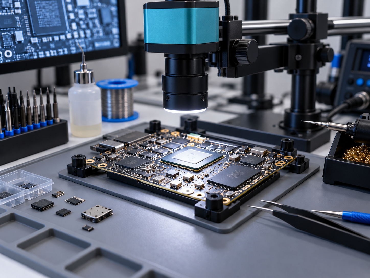 A microscope inspecting a circuit board in a laboratory setting, with electronic components and tools around.