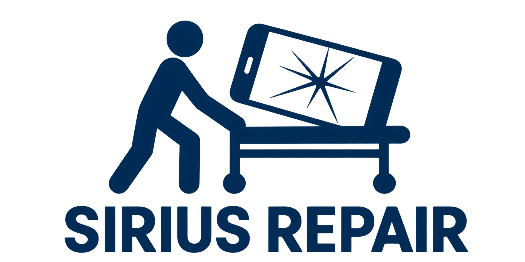 Illustration of a person pushing a hospital bed with a cracked screen, logo for Sirius Repair below.