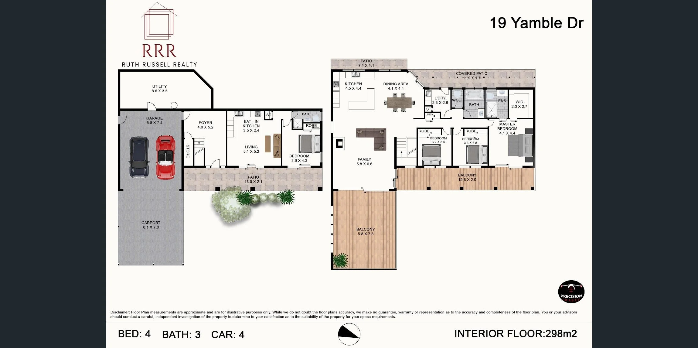 Floor plan of a two-story house with four bedrooms and three bathrooms, including a garage, carport, living spaces, kitchen, dining area, two balconies, and outdoor patios.