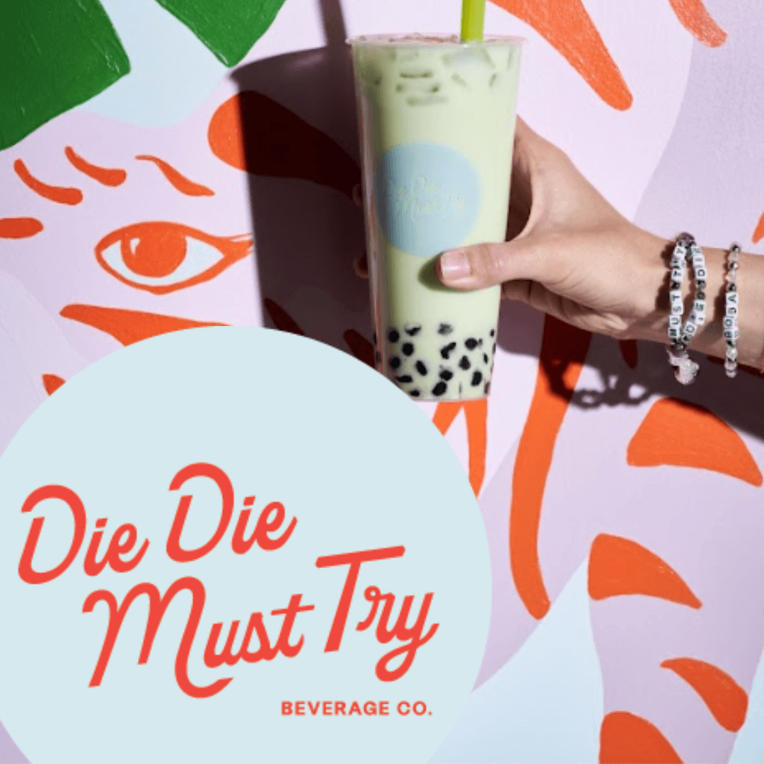 Die Die Must Try logo over image of watermelon milk tea drink in front of a colorful wall