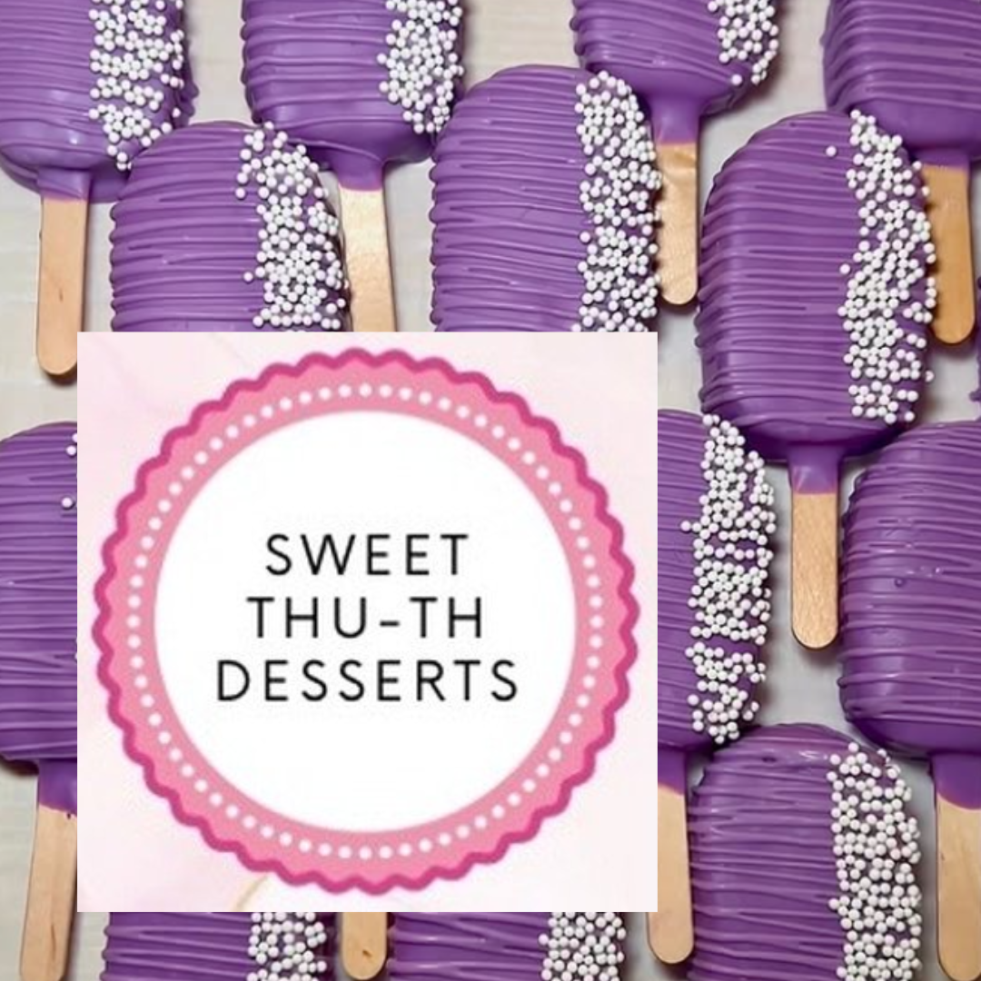 Sweet Thu-th Desserts logo over ube colored cake pops