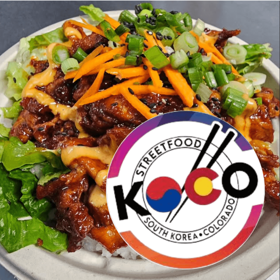 Koco Street Food logo over image of korean bbq rice bowl