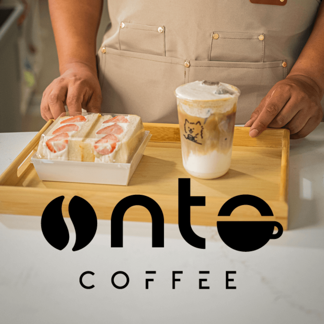 Onto Coffee Logo over coffee and treat image