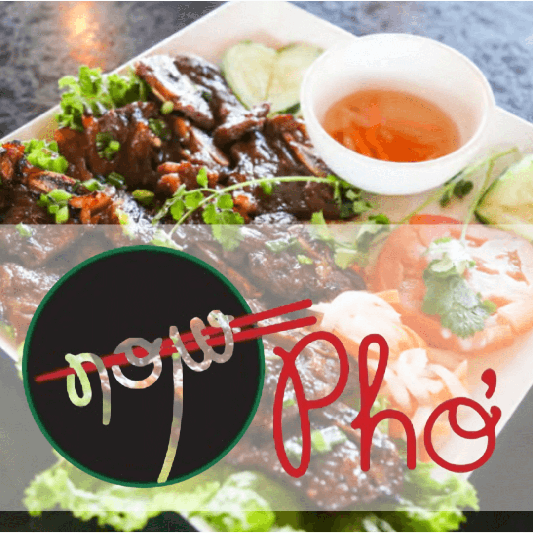 Now Pho logo over Vietnamese Shaking Beef Bowl