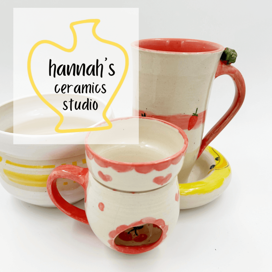 Hannah's Ceramics logo over image of Hannah's handmade cermaic tea cups