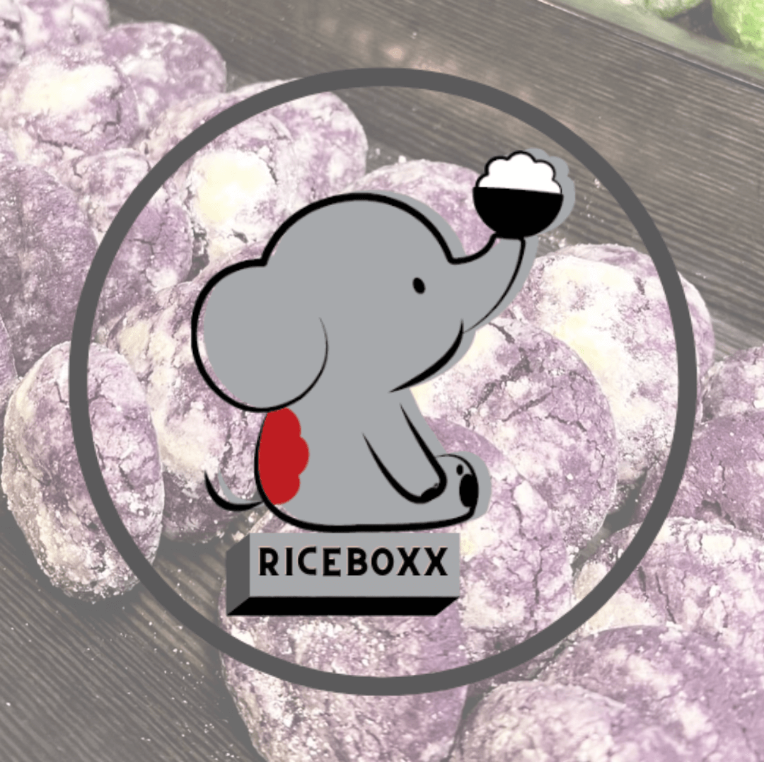 RiceBoxx Denver Logo over image of Ube Crinkle Cookies.