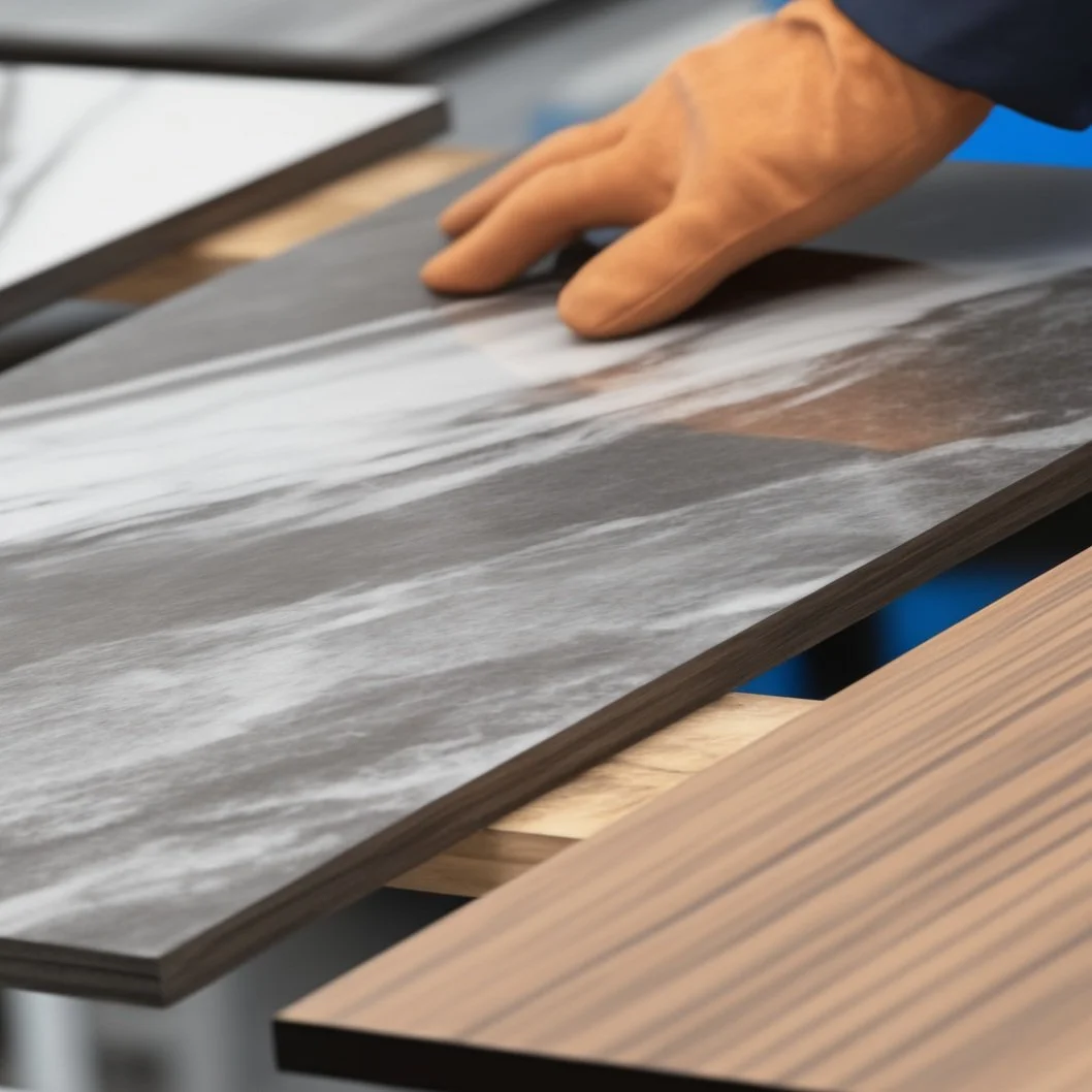 Person touching a textured wood or laminate surface with their gloved hand.