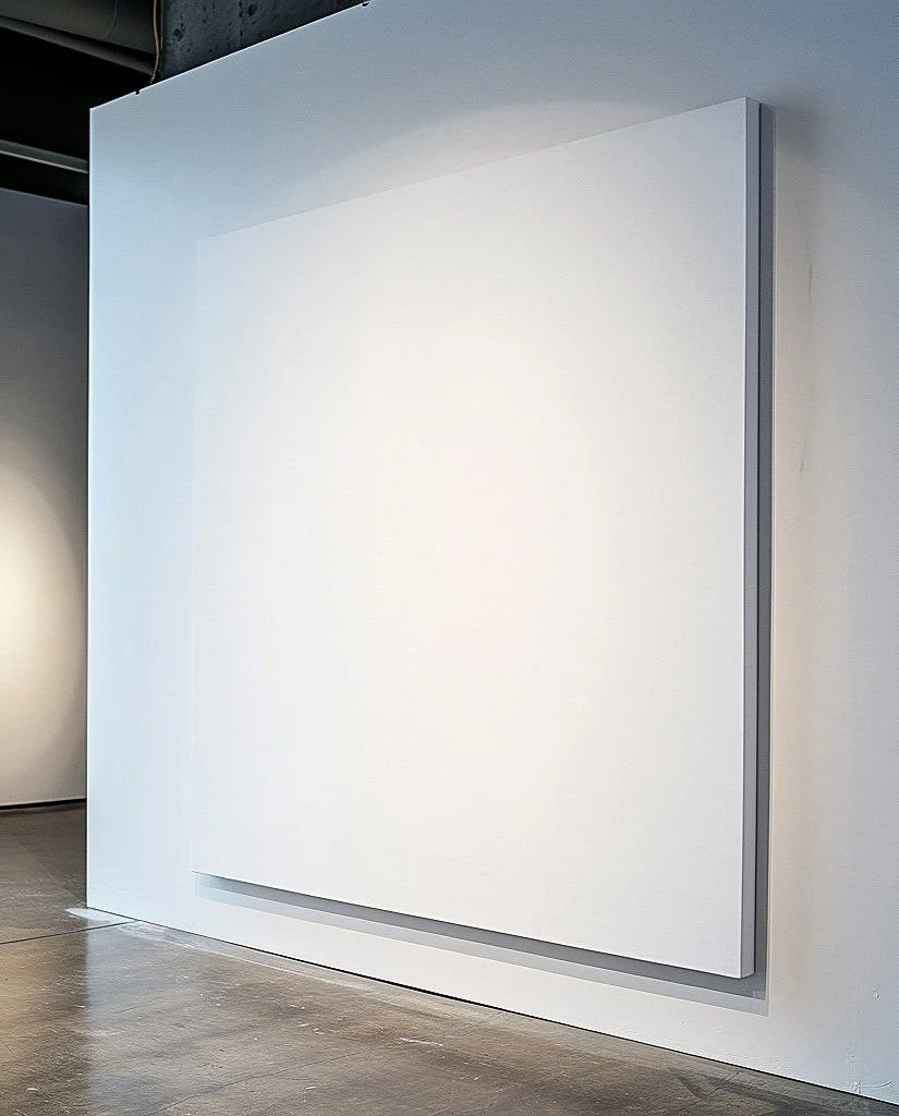 MetalCanvas - Blank white canvas or panel mounted on a wall in a minimalist setting. Used for flatbed printers and signage.