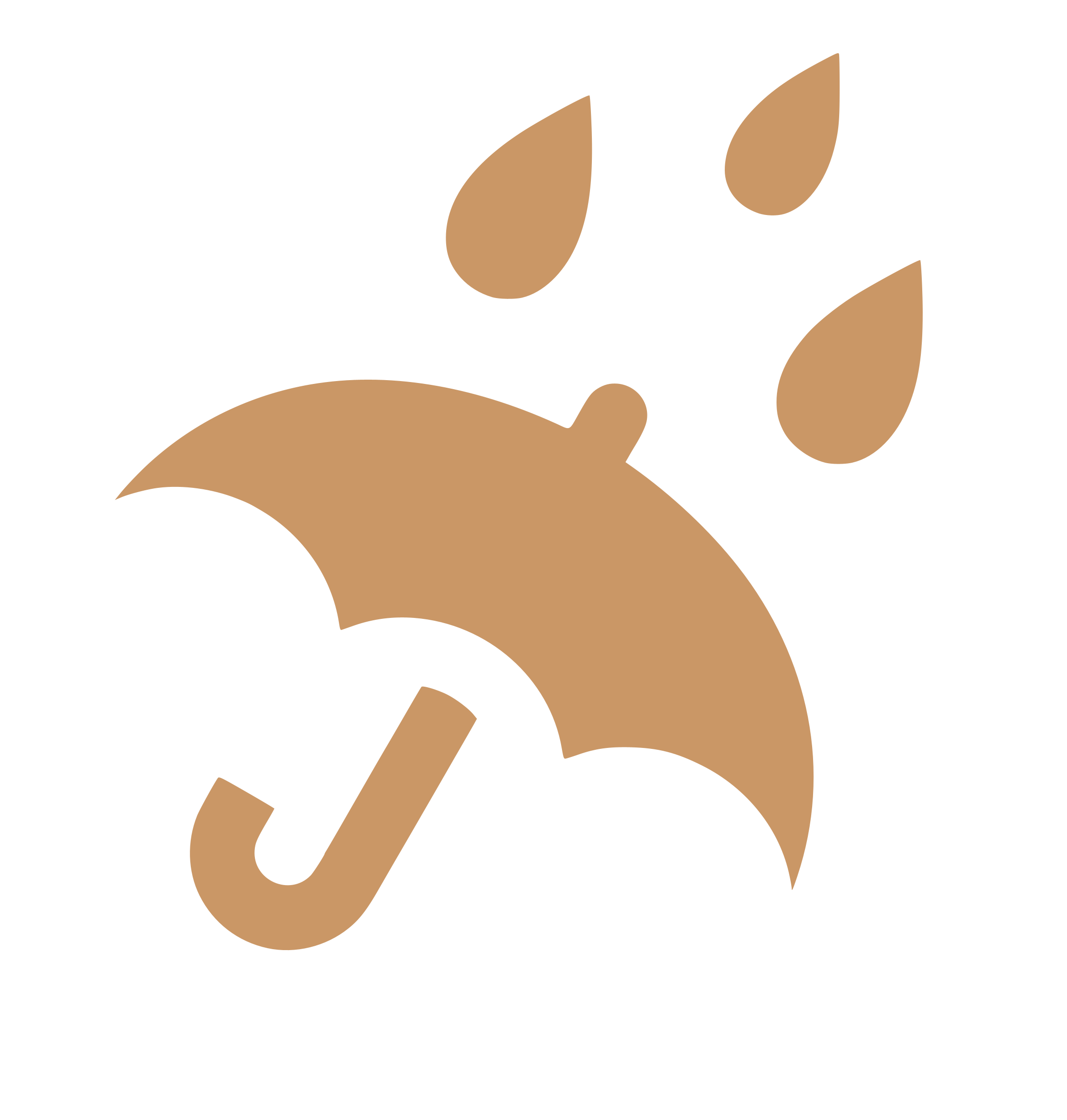 A stylized icon of a brown umbrella with three raindrops falling above it.