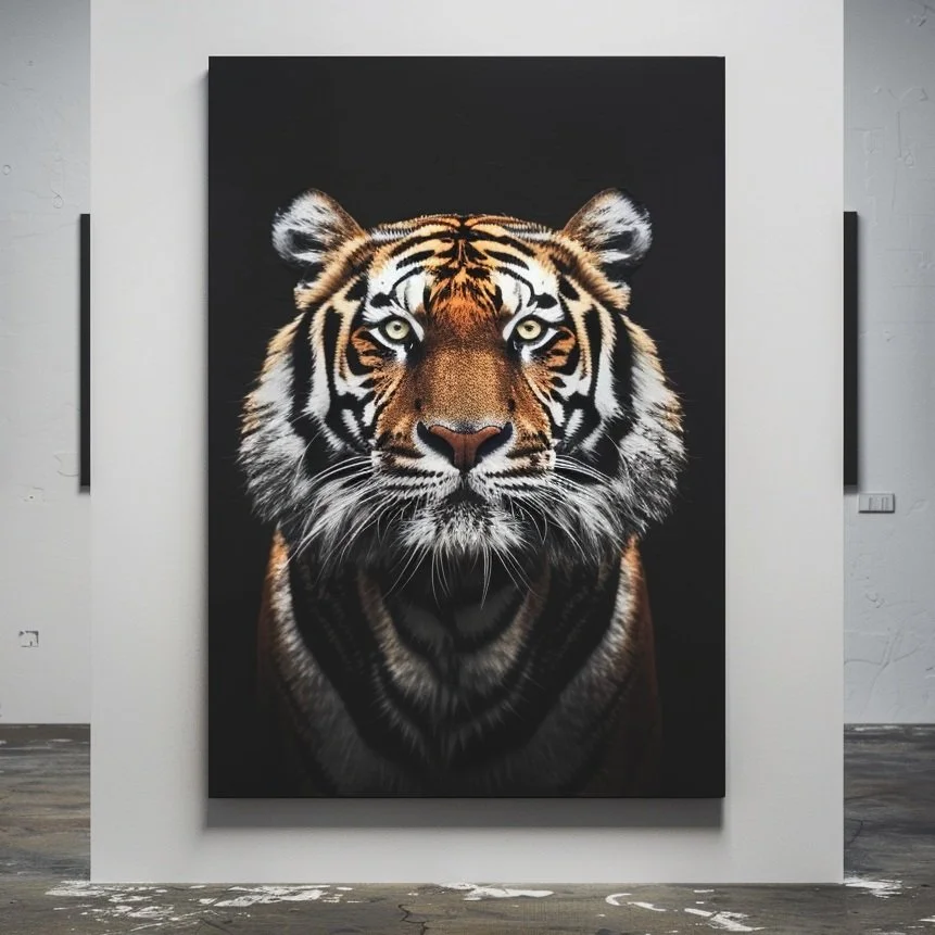 MetalCanvas Large painting of a tiger with intense yellow eyes, detailed fur, and orange and black stripes, displayed on a white gallery wall.