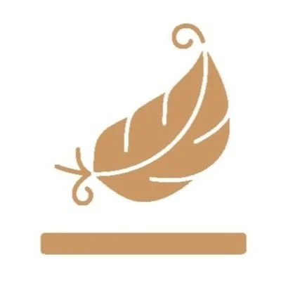 A stylized gold feather with a decorative curl at the top, placed on a horizontal base.