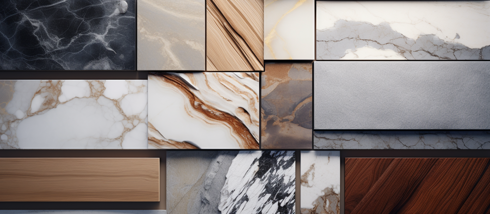 Patented 3D UV Printed Metal Surface Treatment Design freedom,  A collection of various marble, stone, and wood surface samples arranged in a grid
