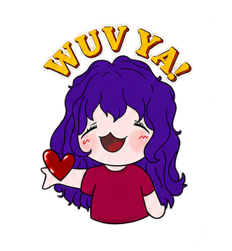 Cartoon girl with purple hair smiling and holding a heart, with the word "WUVYAY!" above her head.