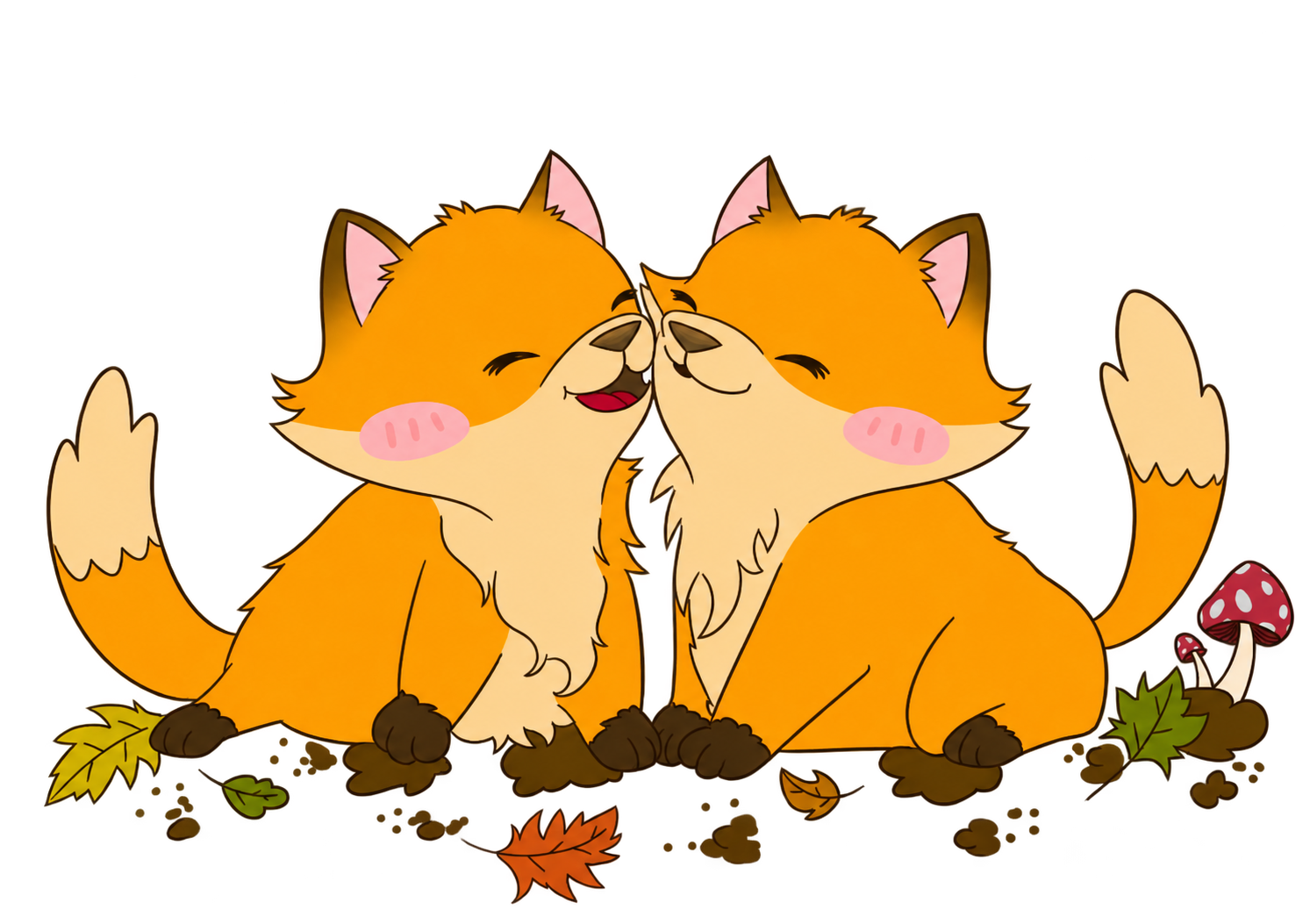 Two cartoon foxes touching noses, sitting on the ground with autumn leaves and mushrooms around them, both smiling with closed eyes.