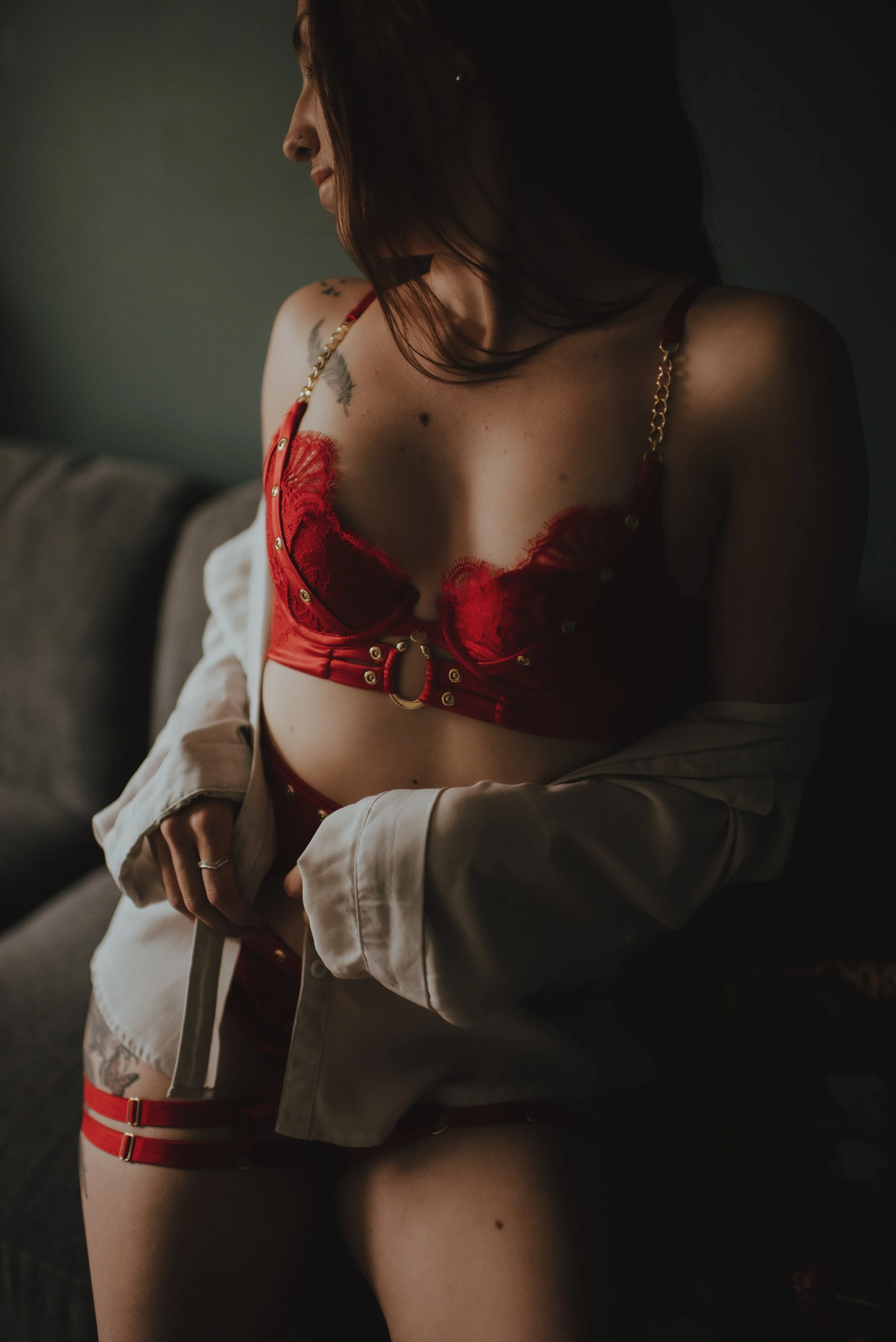 women in bras n things red 3 piece set with white oversized shirt