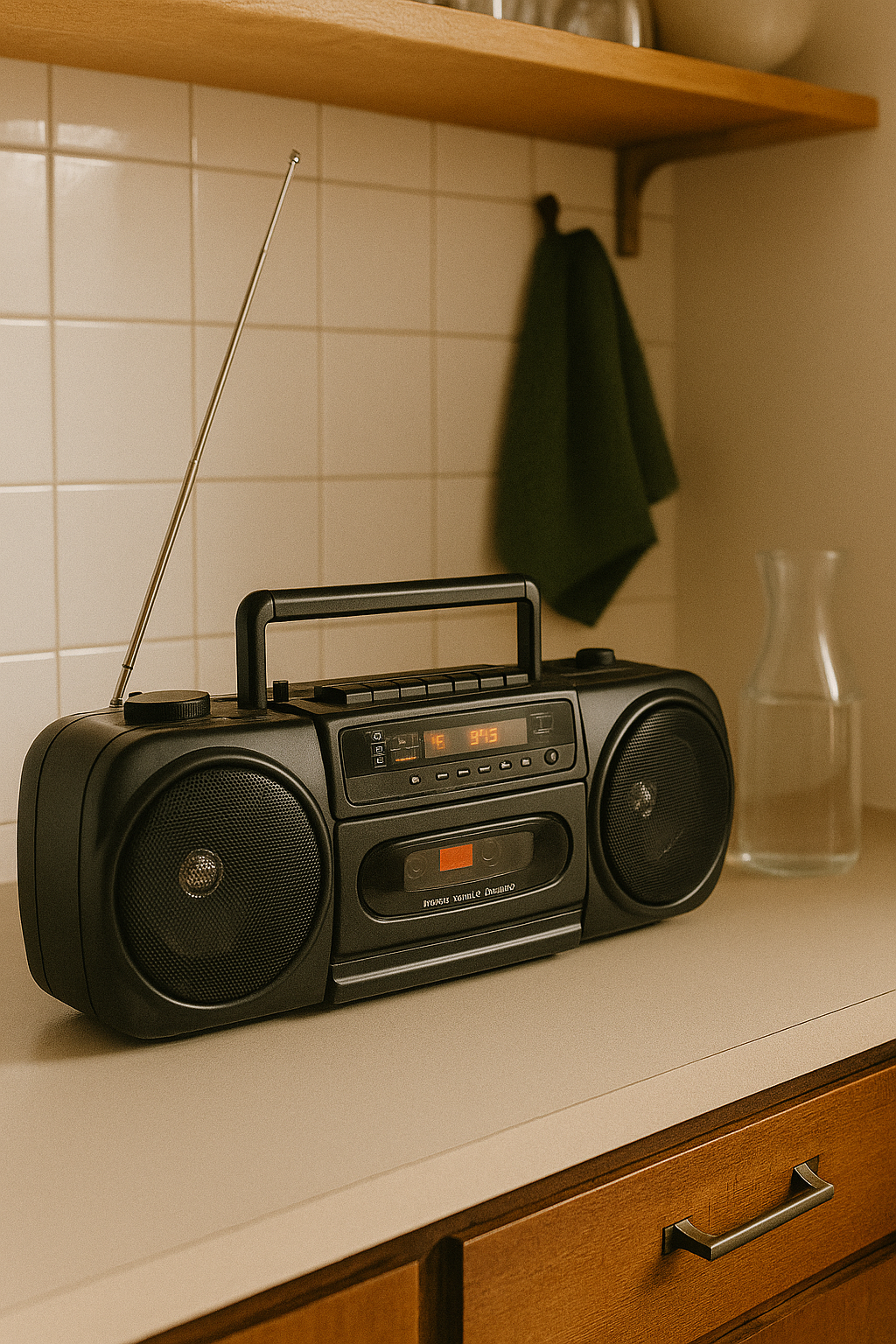 stereo playing music in a kitchen